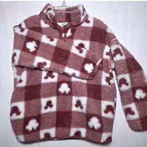 Disney Minnie Mouse Sherpa Pullover Quarter Zip Pink White Checkered Fleece M